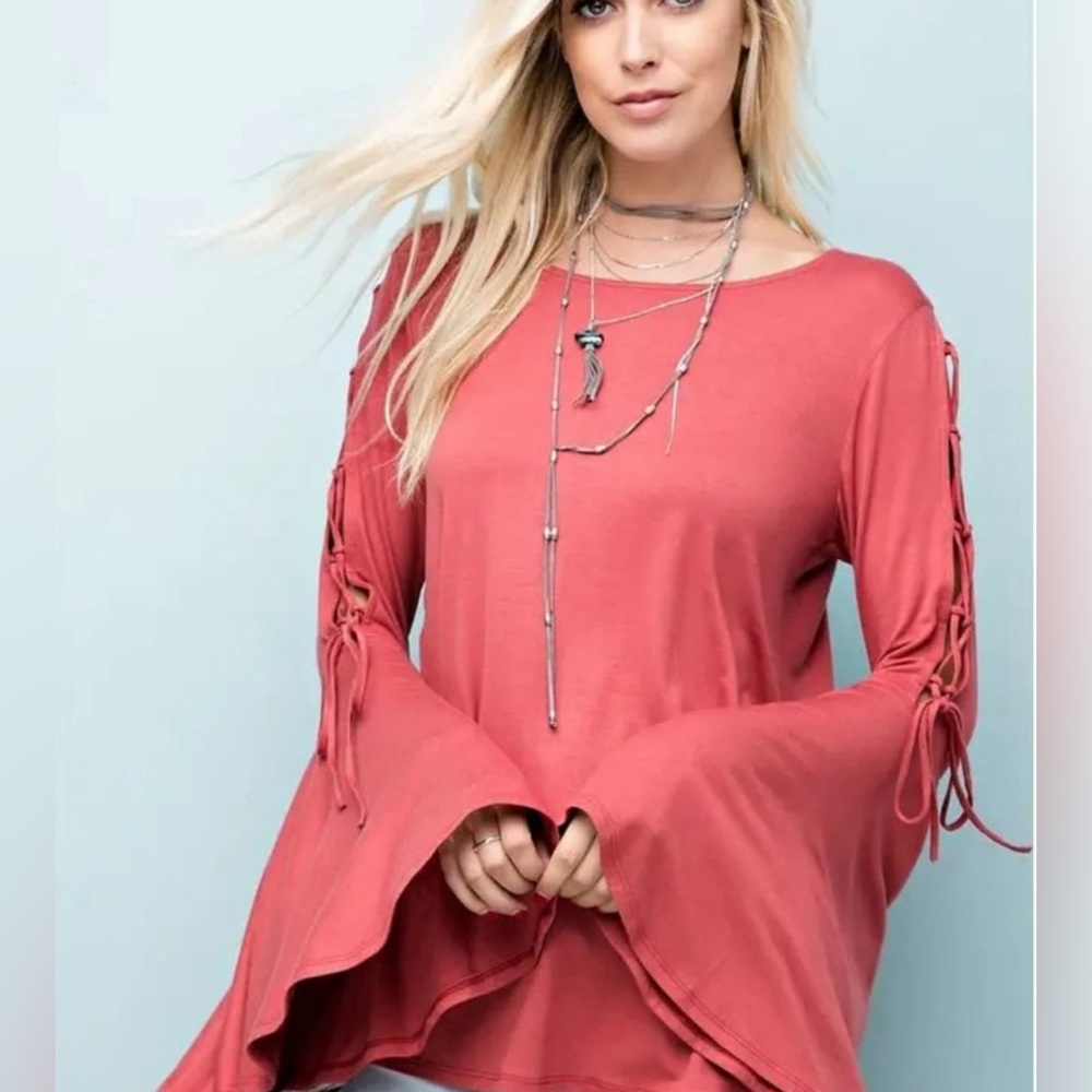 Rust Bell Sleeve Top – Lace-Up Sleeve Boho Blouse